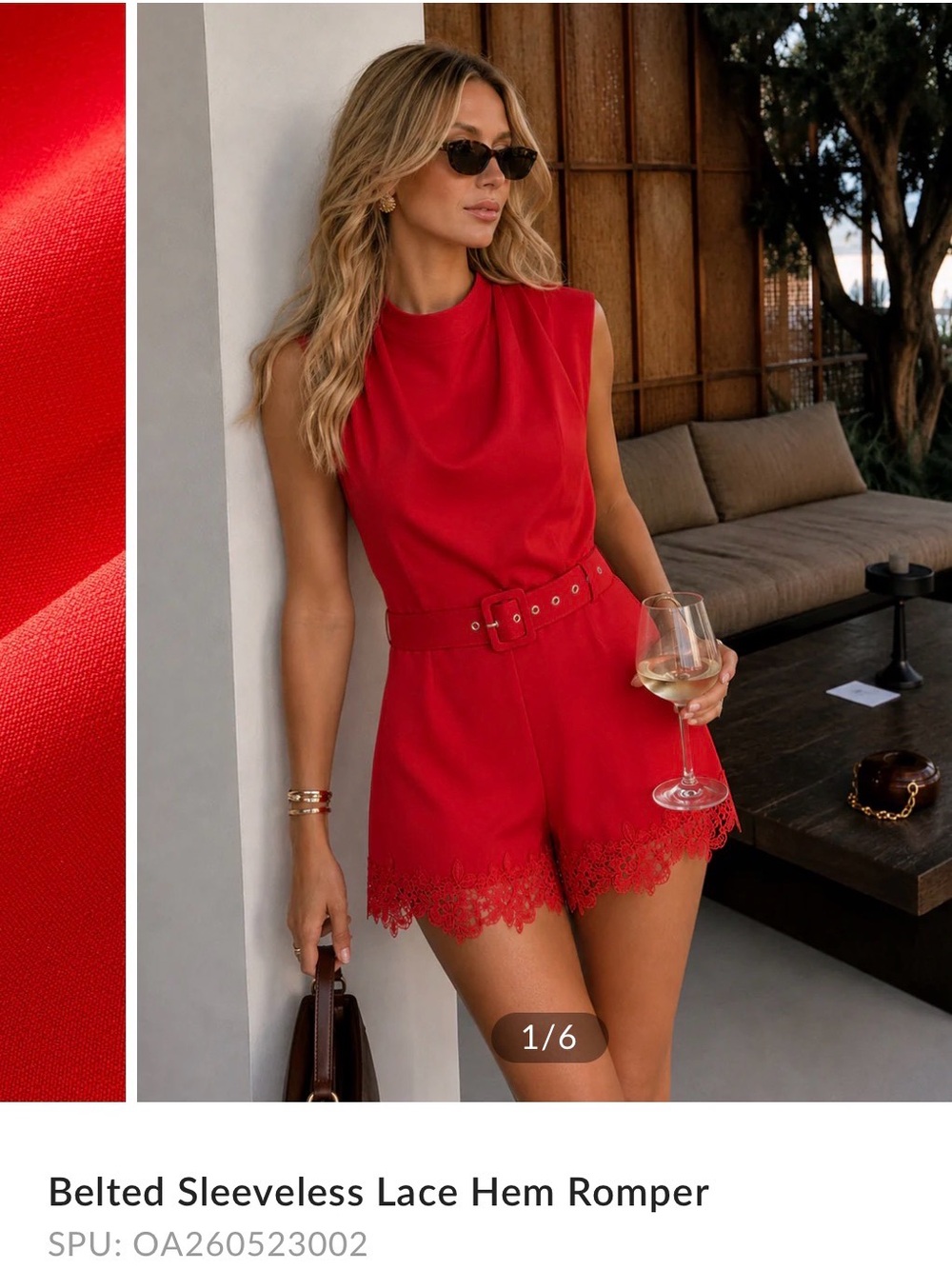 Commense Red Sleeveless Belted Lace-Hem Romper